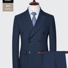 蓝色男式双排扣西服套装 男士英伦风修身西装企业年会展会形象装