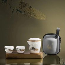 羊脂玉瓷便携旅行快客茶具套装一壶两杯 文创国礼水墨金蝉献福茶具