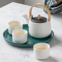 素雅拼色陶瓷茶壶茶杯套装 木提手带滤网茶具 提梁壶旅行茶具