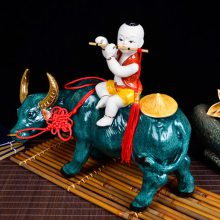 景德镇陶瓷工艺品桌面摆件 牧童骑牛动物陶瓷雕塑瓷 家居客厅装饰品