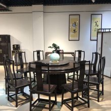 中式成套餐桌椅红木家具 缅甸花梨紫光檀圆餐台12张椅图样齐全