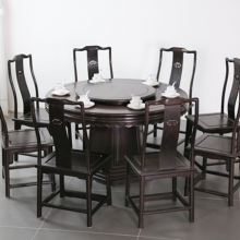 紫光檀红木餐桌椅组合圆形带转盘中式仿古家用黑酸枝大圆桌8人吃饭桌子