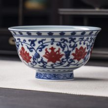 中式茶庄开业赠品 景德镇仿古青花釉里红缠枝莲主人杯品茗压手杯