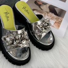 妙麗品牌 銀色 舒適休閑 居家 方鉆水鉆 顆粒 亮面 舒適 圓頭 拖鞋 厚底***