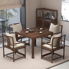 新中式实木方桌餐桌椅组合北美黑胡桃木八仙桌老榆木棋牌四方茶桌