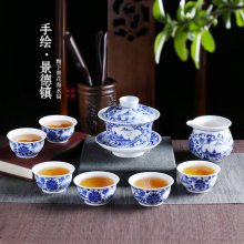 手绘陶瓷茶具江山如画盖碗陶瓷功夫茶具图片定制中秋礼品茶具