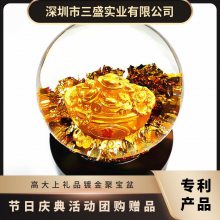 商务礼品定制聚宝盆金箔水晶球家居礼品，积分换购礼品吉祥物摆件