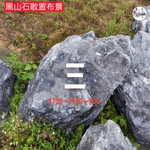 黑山石成品案例分享/三块黑山石散置布景/广东黑山石绿化石材