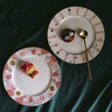 粉色波点爱心金边圆形陶瓷盘 家用甜品碟蛋糕盘早餐盘 情人节礼物