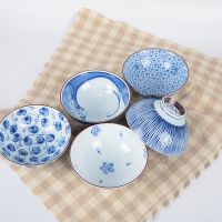 日本进口日式陶瓷器套装碗5件套餐具促销礼品手绘蓝染花纹粥饭碗