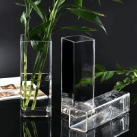 水晶玻璃透明方形花器插花富贵竹仿真百合四方花瓶摆件