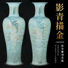 陶瓷手绘描金青瓷雕刻龙纹花瓶 大号客厅落地新中式轻奢摆件
