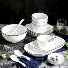 家用欧式简约景德镇餐具 创意黑线描边陶瓷餐具碗碟盘汤锅可定制