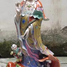 站莲观音菩萨神像摆件 粉彩童子拜观音 陶瓷居家供奉佛像1米高
