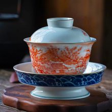 仿古矾红釉盖碗 陶瓷茶碗 泡茶手抓碗 办公室茶具 特色民族风茶杯