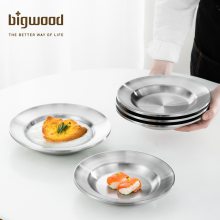 304不锈钢盘子欧式圆盘加厚菜盘深餐盘西餐餐具双层隔热烧烤盘欧式甜点盘
