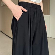 西裝闊腿褲女夏季涼爽冰絲直筒褲寬松松緊腰垂感休閑拖地褲子批發(fā)