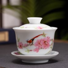 7501毛瓷水点桃花盖碗品茗杯茶具天地三才泡茶碗大号 茶庄送客户礼品