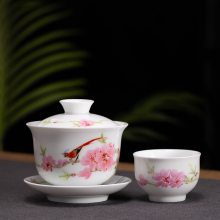 7501毛瓷水点桃花盖碗品茗杯茶具天地三才泡茶碗大号 茶庄送客户礼品
