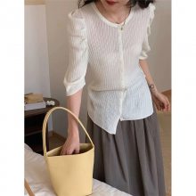 BGL绵羊毛毛衣女 圆领泡泡袖套头衫 薄款羊毛针织衫女 显瘦打底衫 品牌折扣