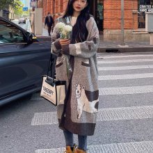 秋冬新款纯色绞花加厚羊绒针织开衫女宽松复古中长款休闲毛衣外套 绘扮羊绒开衫