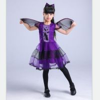 万圣节角色舞会装儿童表演紫色蝙蝠翅膀服女巫纱裙舞台演出服套装