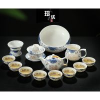 14头 青花瓷玲珑茶具套装蜂窝镂空陶瓷功夫茶具冰晶蜂巢茶壶茶杯