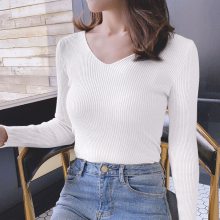 2018韩版修身显瘦弹力款 秋冬季女士V领 套头针织衫 长袖纯色打底衫