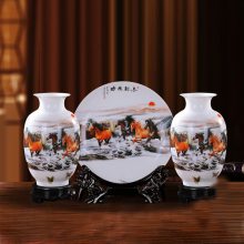 陶瓷花瓶三件套 家居摆件瓷盘花瓶套装摆件