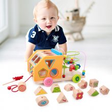 木制拖拉绕珠车 形状配对智力盒 宝宝拖拉学步车数字串珠木质玩具