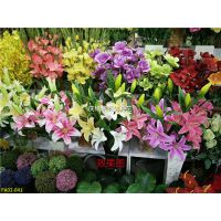 仿真3头手感百合花 仿真绢花餐桌摆件百合花假花 花瓶插花百合花