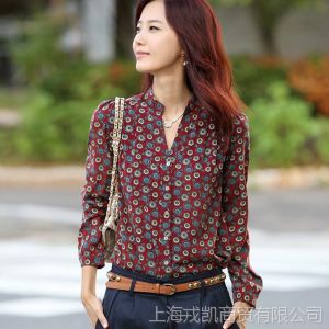 供应樵JIAO 新款夏季女装衬衫 女士复古碎花真丝绒修身长袖衬衫