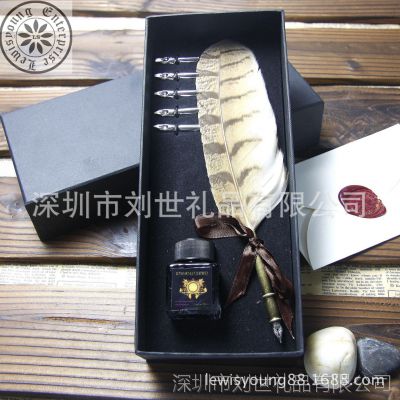 供应刘世企业天然羽毛签字笔，猫头鹰羽毛蘸水笔，复古羽毛笔礼盒套装