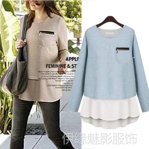 供应6941春装新款欧美欧洲风 韩版女装长袖假 两件开袋 针织衫打底衫