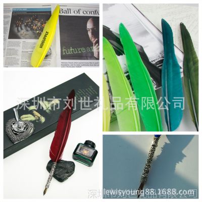 供应羽毛蘸水套装羽毛笔，天然羽毛礼盒笔，欧美礼品蘸水羽毛笔，套装