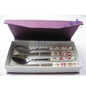 供应韩式陶瓷柄勺筷餐具4件套 商务促销礼品