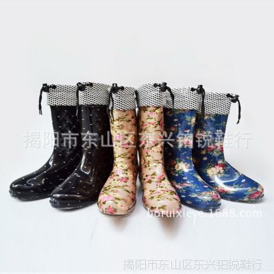 厂家直销中筒皮口迷彩水晶雨鞋 防滑保暖时尚雨鞋 橡胶工作雨鞋