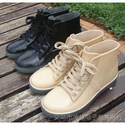 2014韩版新款时尚短筒雨鞋潮流仿帆布系带女式板鞋雨靴防水鞋