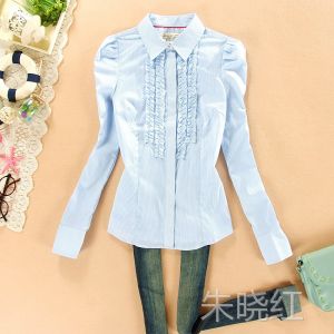 供应秋装新款女装小熊维尼韩版淑女褶皱花边泡泡袖小格子长袖衬衫672