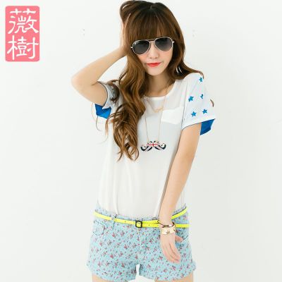 供应2013夏季新款韩版长款女士短袖印花t恤修身显瘦时尚上衣T恤打底雪纺衫