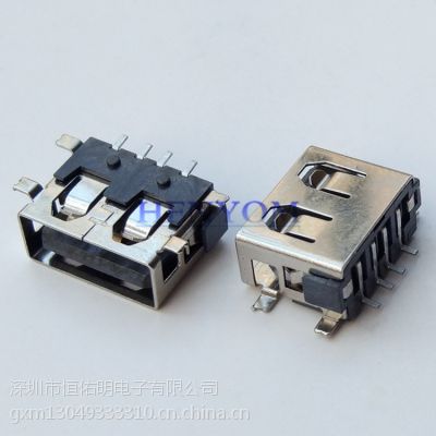 USB 2.0 AF母座短体10.0全贴四脚 H=6.3 6.8mm 卧式有柱SMT式贴片