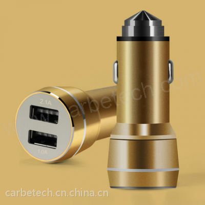 车载充电器手机通用双usb车充一拖二汽车点烟器转接头安全锤