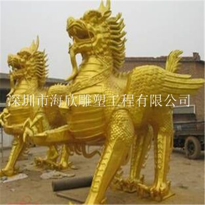 玻璃钢金色上古神兽雕塑 户外广场景观麒麟龙王动物模型厂家定制