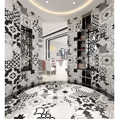 西班牙黑白抽象几何艺术复古小花砖吸水泥砖客厅背景墙地瓷砖