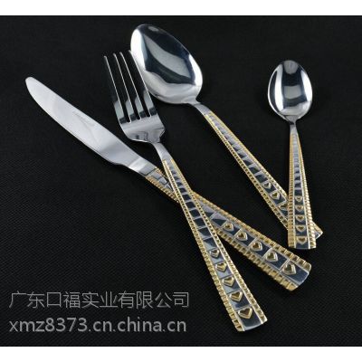 新品***不锈钢刀叉勺 土豪金刀叉勺4件套 电镀钛金餐具生产