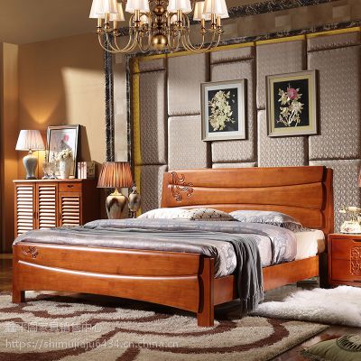 全实木橡木床中式双人床简约现代雕花床1.5米1.8米橡木床婚床鑫平阁家具厂家批发