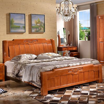厂家直销全实木橡木床简约现代雕花床中式双人床1.5米1.8米橡木床鑫平阁实木家具