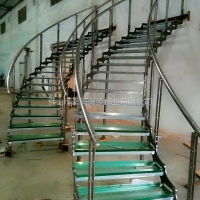 佛山尚步梯业 碳钢叠片龙骨弧型楼梯 不锈钢扶手 厂家定制生产 玻璃踏板SBlt-088