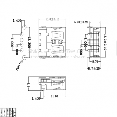 USB 2.0ĸ L=13.8MM 90ŲDIP ֱ 4P ̽о