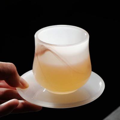 定制白玉瓷琉璃茶杯 杯托家用主人杯隔热琉璃绿色玉茶杯垫茶具配件